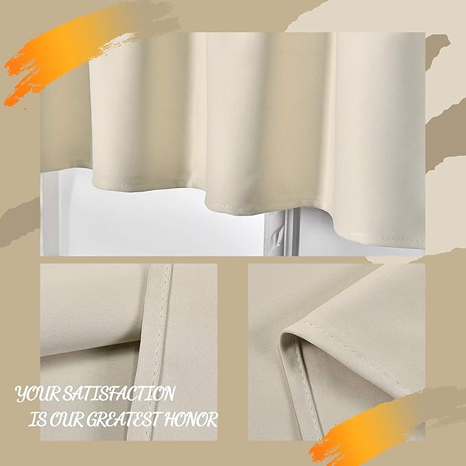 Beige Valance for Windows 42x18 Inch Solid Thermal Insulated Blackout Rod Pocket Kitchen Short Curtain Toppers Valance for Bathroom Living Room 2 Panels