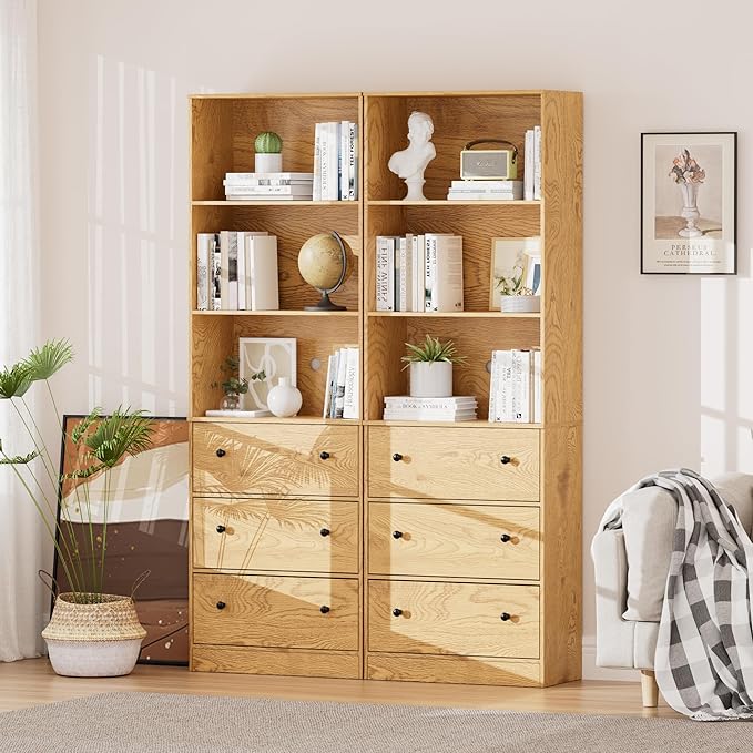 71" Tall Bookshelves Set of 2, Bookcases with Drawers, Bookshelves with Storage, Wooden Bookshelf with 3 Drawers & 3-Tier Open Shelves,Home Decor Furniture for Living Room,Bedroom,Home,Natural