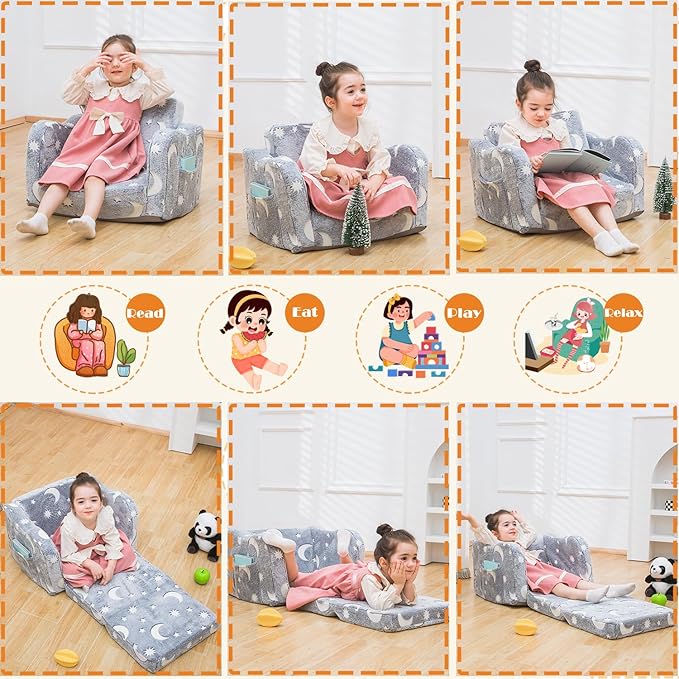 Baby Toddler Baby Sofa Couch for Kids Foldable 2-in-1 Fold Out Couch Bed for Playroom, Pull Out Children Convertible Sofa to Lounger Sleeper Chair for Boys & Girls with Double Pockets - Glowing Grey