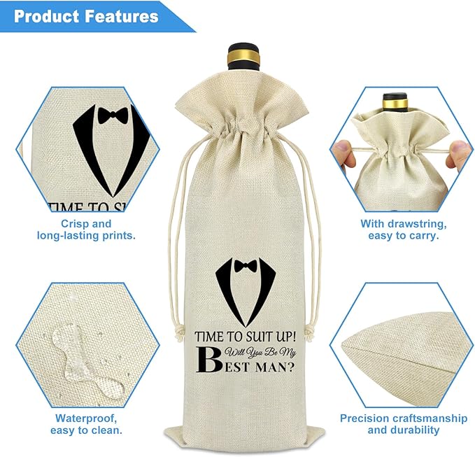 Best Man Proposal Gifts Wedding Gift for Groomsmen Wine Bag Bachelor Party Decorations Reusable Wine Bottle Bag with Drawstrings Engagement Wedding Gift for Brother Best Friend Friendship Gift