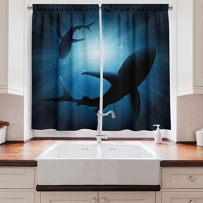 Ambesonne Shark Long Kitchen Curtains, Silhouette of The Fishes Swimming at Twilight Night Moon Mystic Sea Scenery, Two Panels Drapes with Rod Pocket Room Decor, 55" x 45", Aqua Blue