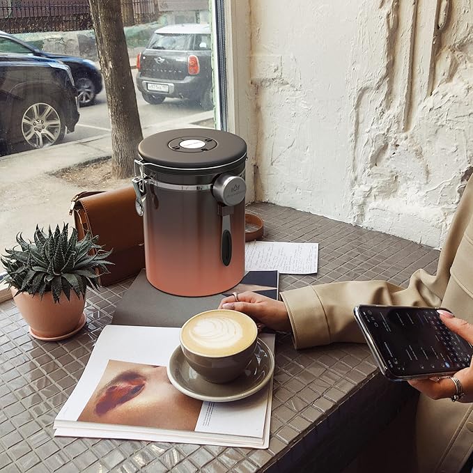 35OZ Coffee Canister for ground coffee with Date Tracker,copper color 304 Stainless Steel Kitchen Food Airtight storage container for Coffee Beans or Grounds, Tea, Sugar(35oz-Gradient)