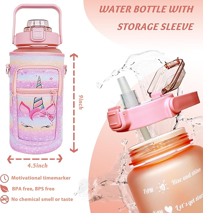 64 oz Water Bottle with Straw Sleeve & Strap Motivational Half Gallon Water Jug with Handle for Gym Women Men Aesthetic Water Bottle with Strap Unicorn