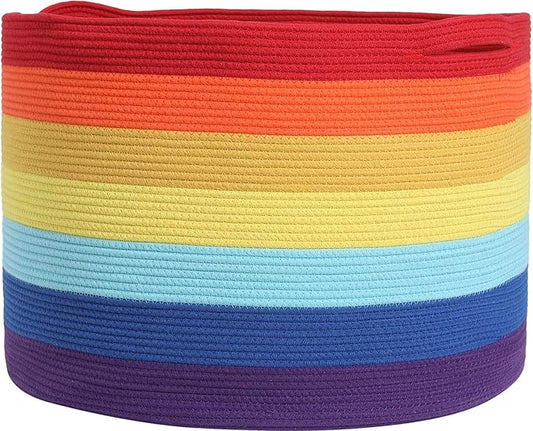 24" x 24" x 17" Max Size Large Cotton Rope Basket, Extra Large Storage Basket, Woven Laundry Hamper, Cloth Storage Bin, for Blankets Clothes Towels Pillows in Living Room, Rainbow