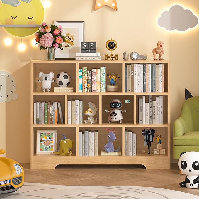 Book Shelf Set of 2, 10 Cubes Storage Organizer, 3-Tier Open Bookshelf Wooden Bookcase, Freestanding Log Bookshelf Cube Shelf for Bedroom, Living Room, Home Office