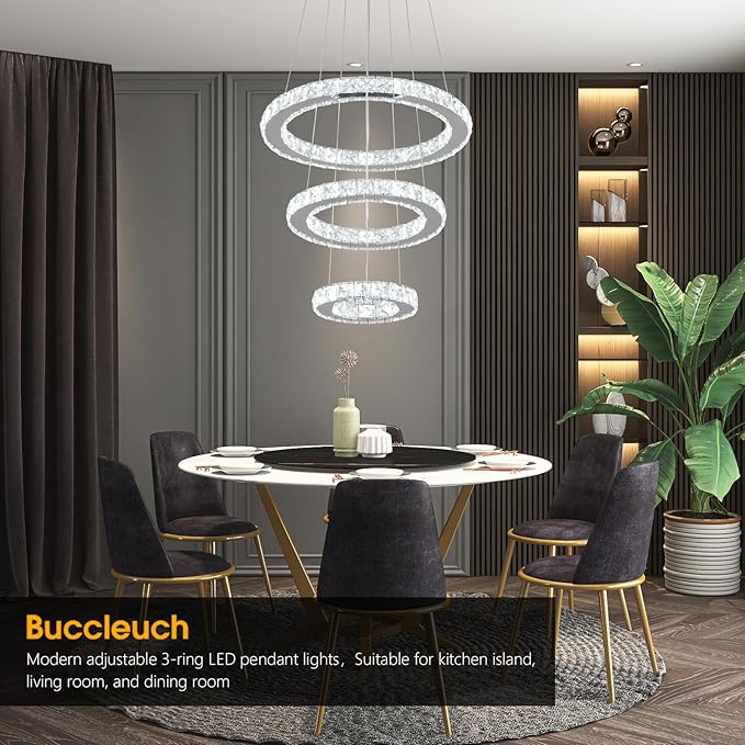 Buccleuch LED Crystal Chandeliers, Dimmable LED Pendant Light Fixture 3-Ring Adjustable Stainless Steel Ceiling Light, Silver Crystal Chandeliers for Dining Room, Bedroom, Living Room - ETL Listed