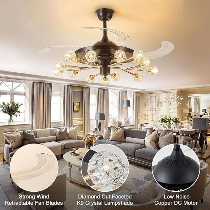 Black and Gold Chandelier Fan: Crystal Sputnik Ceiling Fan with Light and Remote - 42" Modern Fandelier with 15 Lights - Retractable Ceiling Fan for Living Dining Room Kitchen