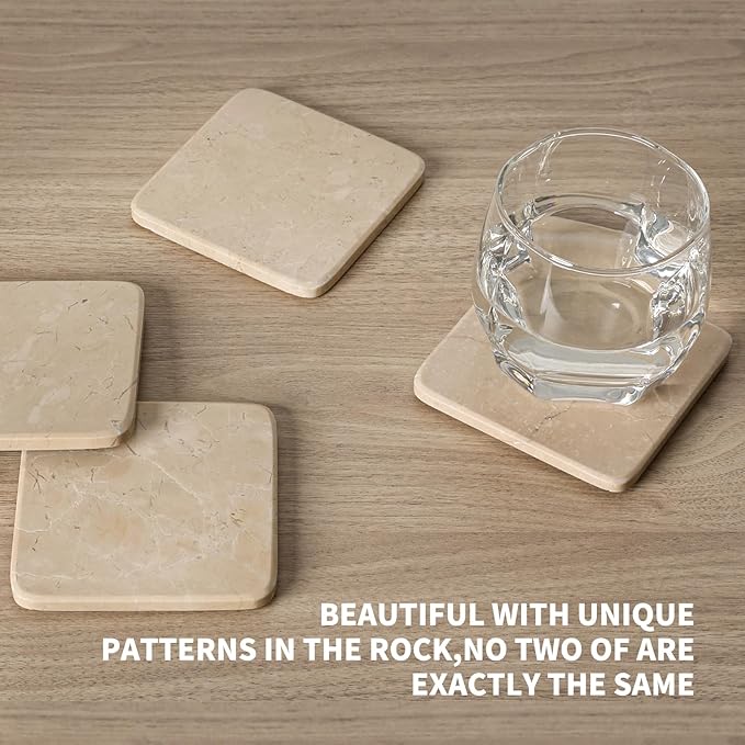 BCS Marble Coasters Set of 5 with Holder, Square Stone Drink Coasters for Coffee, Wine and Cocktails, Non-Slip Durable Cup Mats, Elegant Home, Bar & Kitchen Table Decor (Crema Beige)