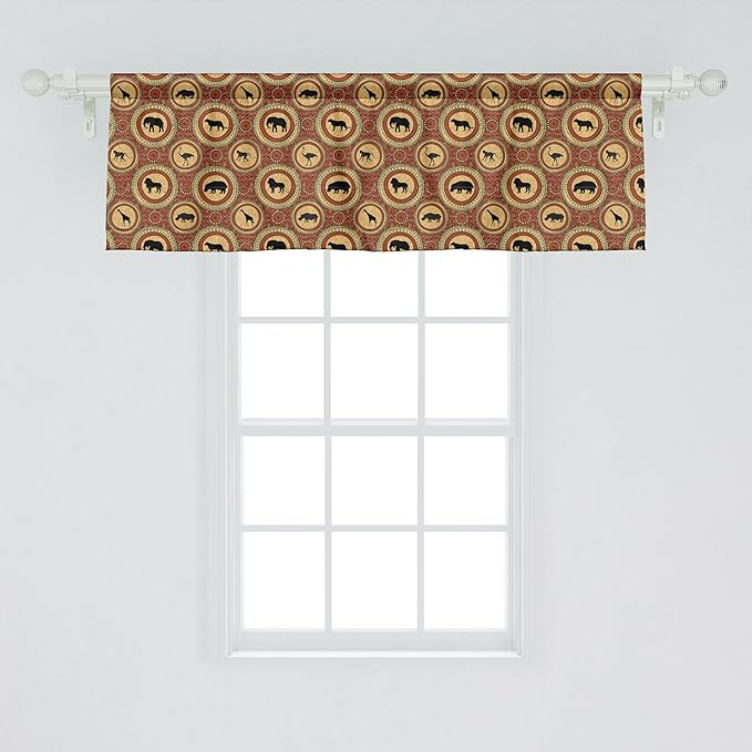 Ambesonne Savannah Window Valance, Medallion Pattern of Monkey Giraffe Lion African Inspired Ethnic Design, Curtain Valance for Kitchen Bedroom Decor with Rod Pocket, 42" x 18", Mustard and Brown
