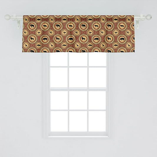 Ambesonne Savannah Window Valance, Medallion Pattern of Monkey Giraffe Lion African Inspired Ethnic Design, Curtain Valance for Kitchen Bedroom Decor with Rod Pocket, 42" x 18", Mustard and Brown