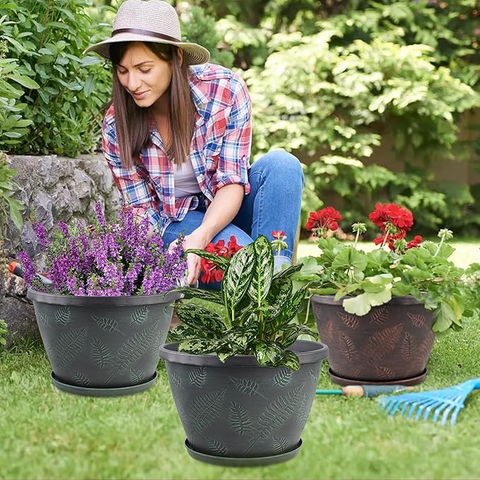 11 inch Plant Pot Set of 3, Plastic Flower Pots with Drainage Hole & Tray, Decorative Round Planters for Indoor Plants, Modern Outdoor Home Flowers Plants Garden Pots (Green)