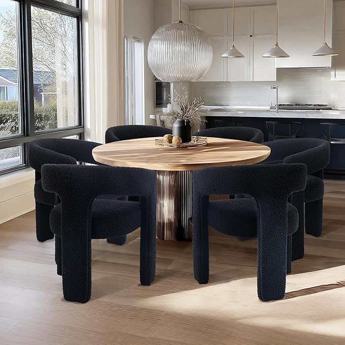 Black Sherpa Dining Chairs Set of 4, Modern Barrel Dining Room Chairs Upholstered Faux Fur Accent Chair with Arms and Round Back for Living Room Kitchen Armchair No Assembly Needed