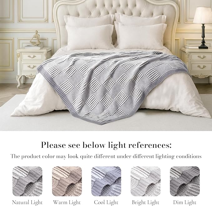 Amélie Home Chenille Knit Throw Blanket for Couch, Checkered Texture Decorative Soft Blanket for Sofa, Bed & Living Room, 50"x60", Grey & White