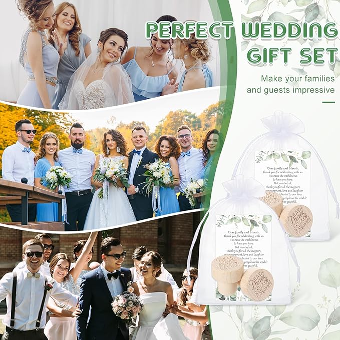 Barydat 50 Sets Wedding Favors for Guests Bulk Engraved Wood Wine Bottle Corks Wine Stopper with Wedding Thank You Cards and Organza Bags Wedding Appreciation Gifts for Guest Thank You Gifts (Bright)