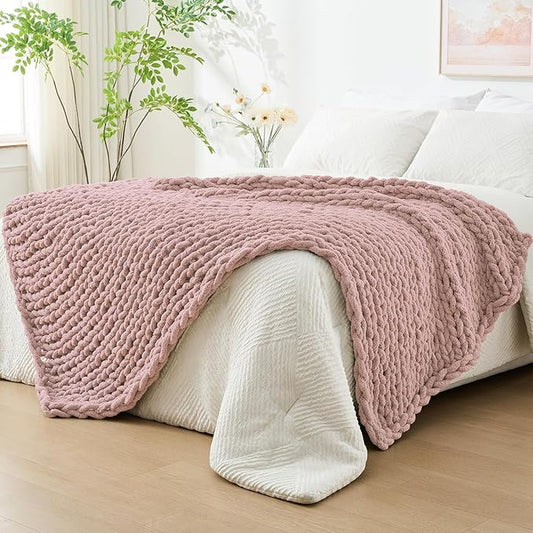 Bigacogo Chunky Knit Throw Blanket for Couch, 40x80 inches, 100% Hand Knitted with Thick Jumbo Chenille Yarn, Cozy Soft Large Rope Knot Cable Crochet Blankets for Sofa Bed Living Room, Dusty Pink
