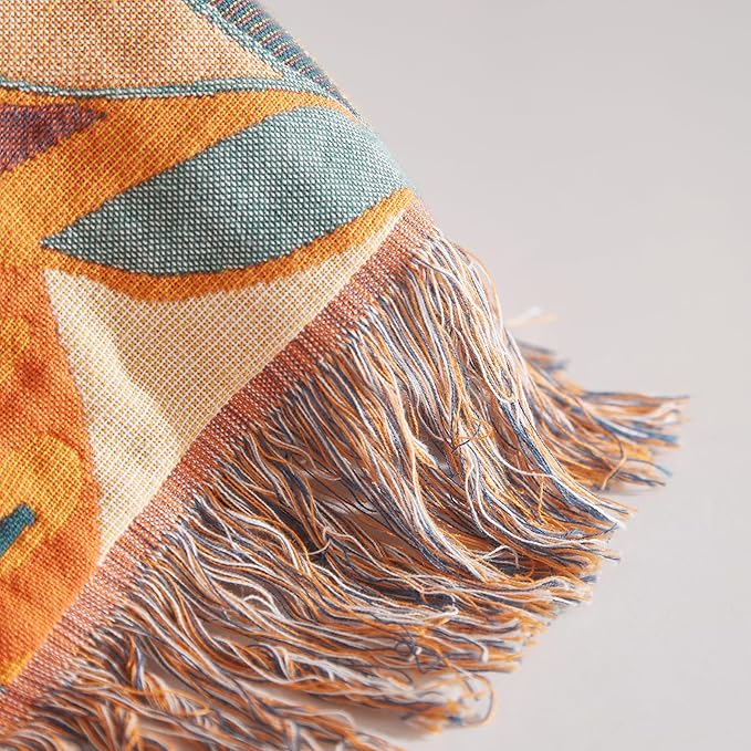 Boho Throw Blanket for Couch Sofa Bed, 100% Cotton Woven Quilt with Tassel 90”x98”, Super Soft Muslin Blanket with Floral Printed, Decorative Reversible Bed Blanket/Cover for All Seasons