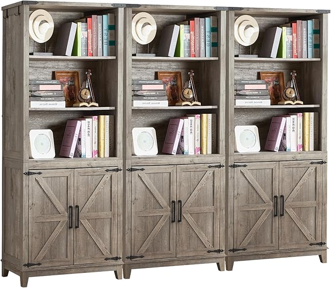 5 Tier Bookshelf 70in Tall Bookcase with Barn Doors and Storage Cabinet, Grey Farmhouse Book Shelf with Adjustable Shelves, Wood Freestanding Display Bookshelves for Bedroom, Kitchen (3PCS)
