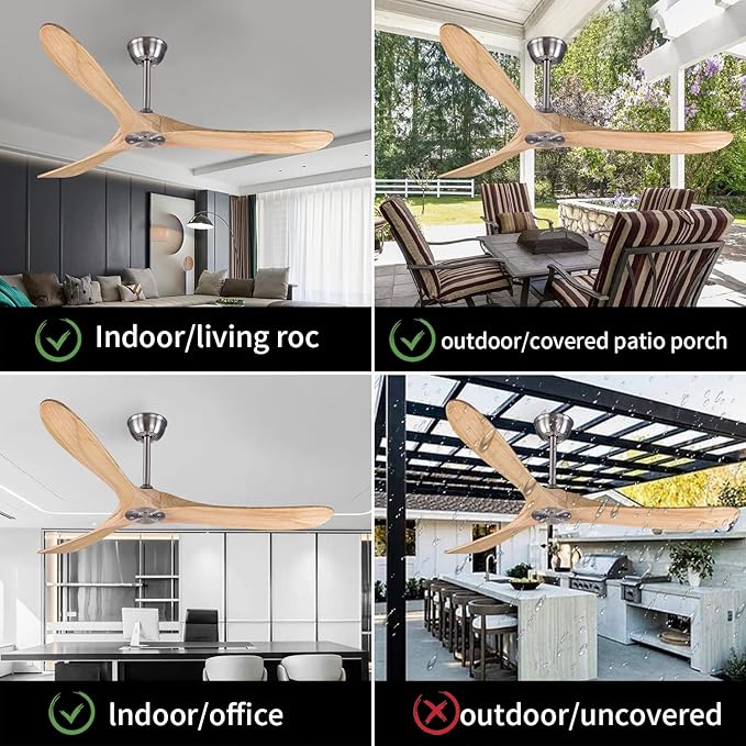 Bigzone 60" Outdoor Ceiling Fan With Remote Control, DC Motor Energy Saving, 3 Solid Wood Blades, Wood Ceiling Fan No Light, Brushed Nickel Ceiling Fan With Reversible Blades