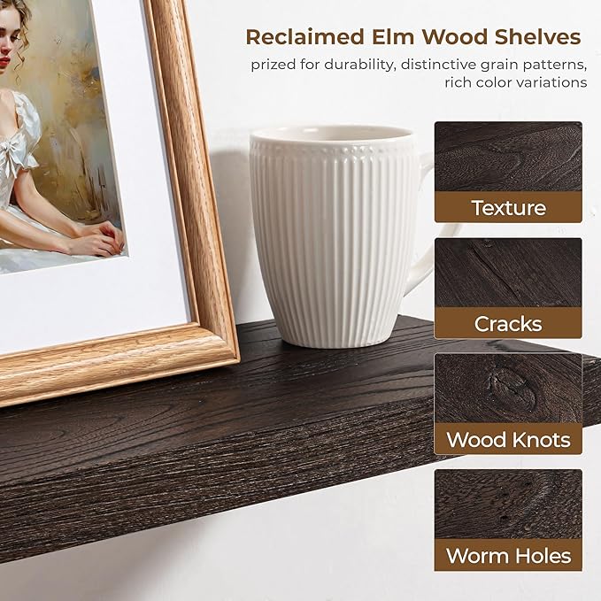 Axeman Floating Shelves for Wall - 40''W x 8'' D Rustic Solid Elm Wood Shelves for Storage, Wall Mounted Display Shelving with Invisible Heavy-Duty Metal Bracket (Walnut, 2PCs)