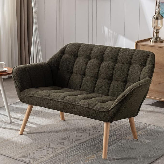 48" Small Loveseat Sofa, Modern Sherpa Mini Sofa Couch 2-Seater Fluffy Love Seat with Quilting Backs and Wood Legs for Living Room, Bedroom and Small Space, Green
