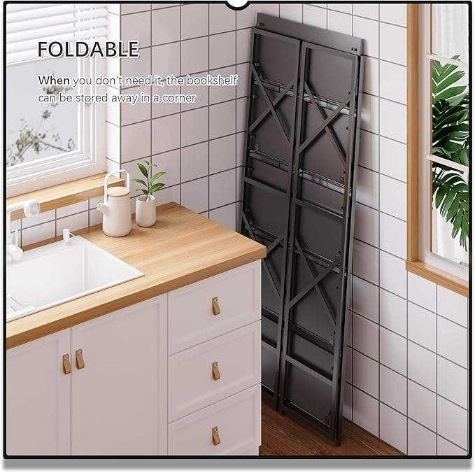 4NM 5 Tiers No Assembly Book Shelves, 51.2" H Folding Bookshelf Bookcase Open Industrial Foldable Shelves for Bedroom, Living Room, Home Office - All Black