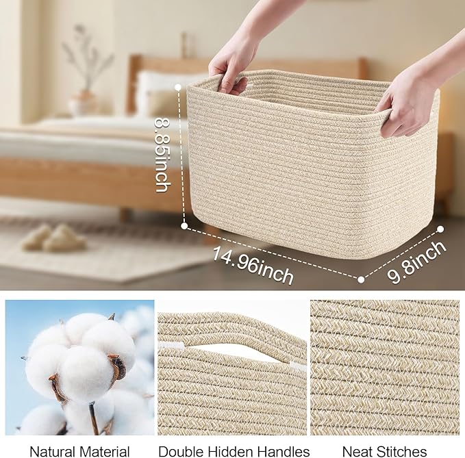 3-Pack Shelf Baskets for Organizing, Woven Storage Basket for Shelves, Cotton Rope Storage Bins for Toys Books, Nursery Towel Baskets for Classroom, 14.96"X9.8"X8.85", Brown