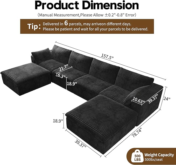 157.5" U Shaped Modern Sofa Modular Sectional Cloud Couch with 2 Ottoman,Deep Seat Upholstered Couches with Corduroy Fabric for Living Room Furniture,Bedroom and Apartment,No Assembly Required,Black