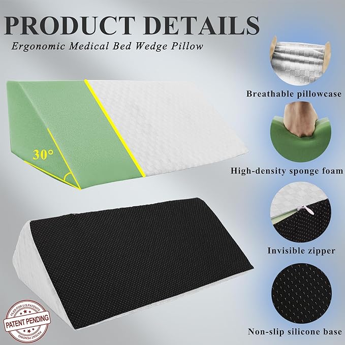 Bed Wedge Pillow for Side Sleeping Foam Filled Body Positioning Triangle Pillow Suitable for Pregnancy and Surgery Prevent Bed Sore for Leg and Back Support with Pillow Case (White)
