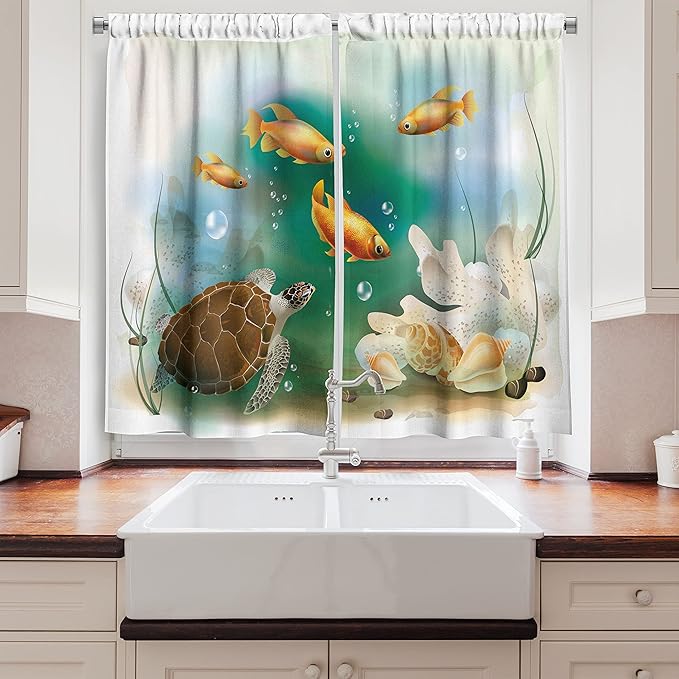 Ambesonne Turtle Long Kitchen Curtains, Ocean Life Illustration Aquarium Tropical Animals Goldfishes and Seashells, Two Panels Drapes with Rod Pocket Room Decor, 55" x 45", Teal Orange