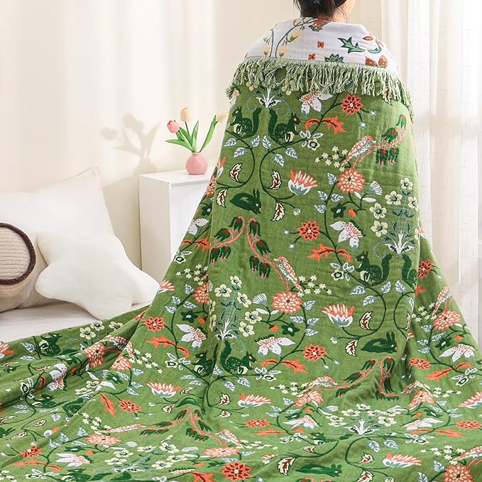 Boho Throw Blanket for Bed, 100% Cotton Ultra Soft Rustic Quilt King Blanket Florals and Animals Printed Farmhouse Decor Large Bed Blankets,90"×98" All Season Rustic Throw for Sofa Couch Chair