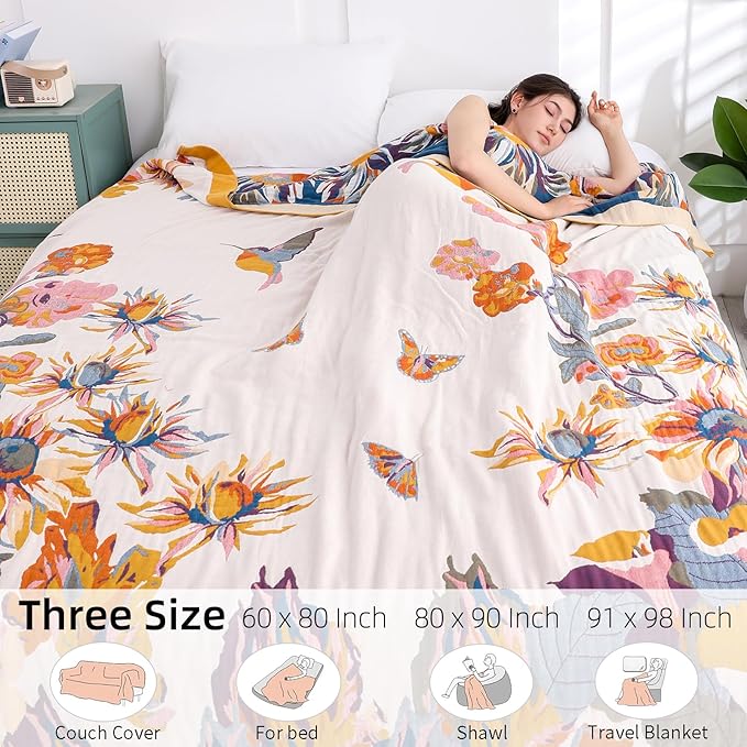 Boho Throw Blanket for Bed - 100% Pure Cotton Ultra Soft Rustic Quilt - Farmhouse Decor Bed Blankets, All Season Rustic Throw for Sofa Couch Chair(80''x 90'', Floral)