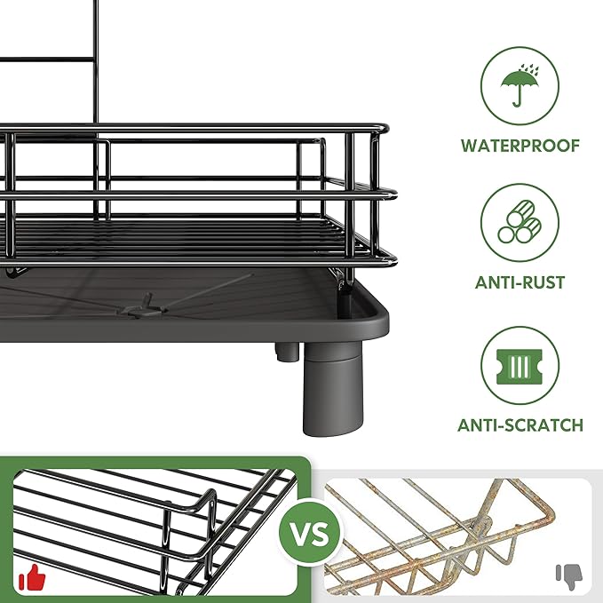 2 Tier Black Large Stainless Steel Dish Drainers Drying Rack for Kitchen Counter with Drainboard, Rust Proof Metal, Space Saving, Modern Aesthetic, Compact Plates Strainers with Extra Mat