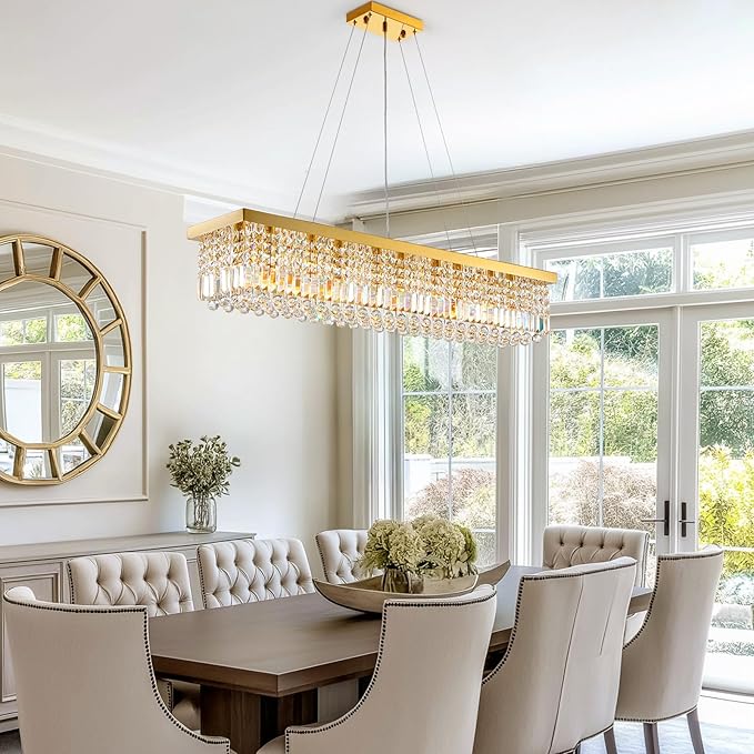 10 Lights Modern Crystal Chandelier, Gold K9 Rectangle Rectangular Chandeliers,Luxury Flush Mount Pendant Ceiling Light for Dining Room Kitchen Island L47''xW10''xH10''