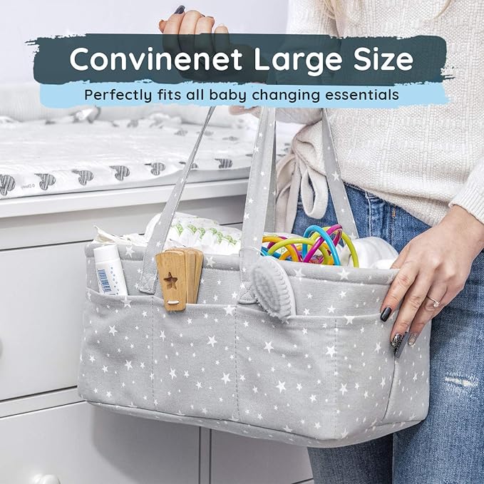 Baby Diaper Caddy Organizer - Baby Shower Basket | Large Nursery Storage Bin for Changing Table | Car Travel Tote Bag | Newborn Registry Must Have | Bonus Bottle Cooler | Gray