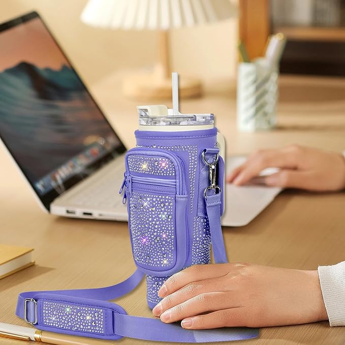 Bling Water Bottle Carrier Bag with Phone Pocket,Water Bottle Holder Bag for Stanley Cup Accessories,Cup Holder with Adjustable Shoulder Strap with Stanley 40 & 30 oz Tumbler,Purple