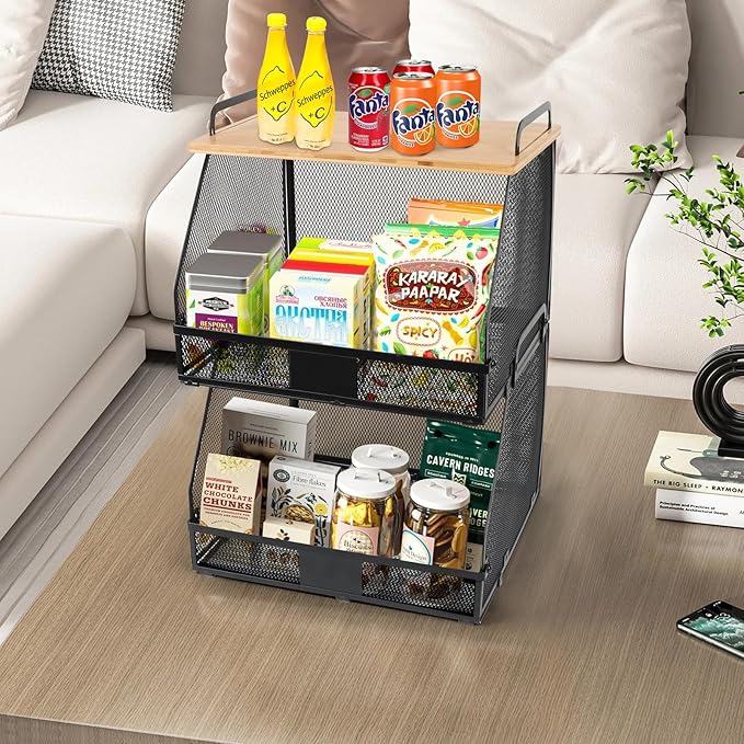 2 Tier Stackable Hanging fruit basket for kitchen counter,hanging Wall baskets with Bamboo Tops & Tag,Wire basket for Cabinet Shelf Countertop Pantry Organizer Bins, onion potato Vegs Bread Organizing