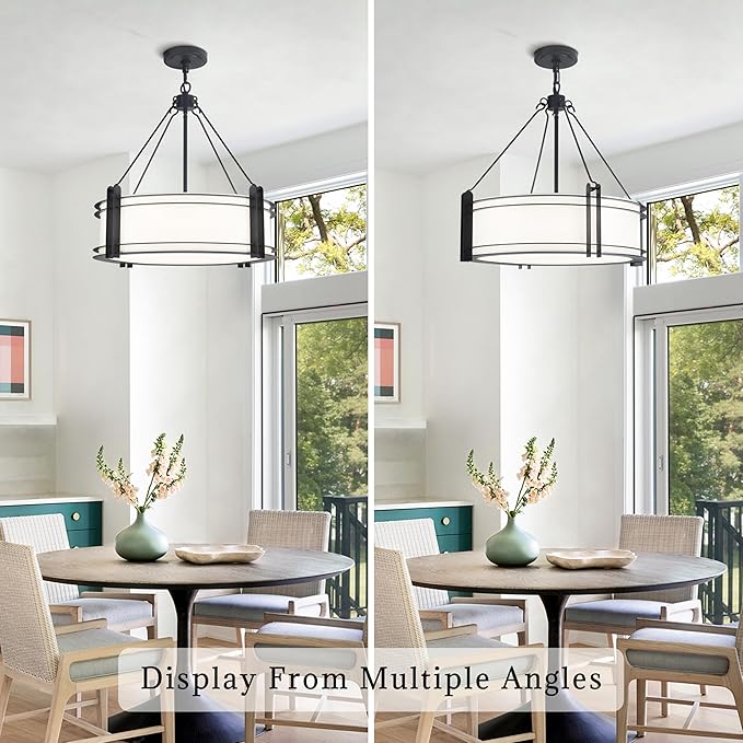 20.4''Drum Chandelier,5-Light Fabric Modern Chandeliers,Black Farmhouse Round Pendant Light Fixture for Dining Room Kitchen Island Living Room Bedroom Hallway