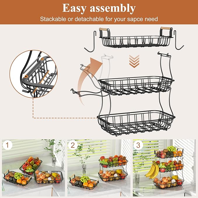 3 Tier Fruit Basket for Kitchen Counter, Fruit Bowl with 2 Banana Hooks Mesh Top, Multifunctional Detachable Sturdy Kitchen Storage Organizer for Vegetables Snacks Onion Potato, Black