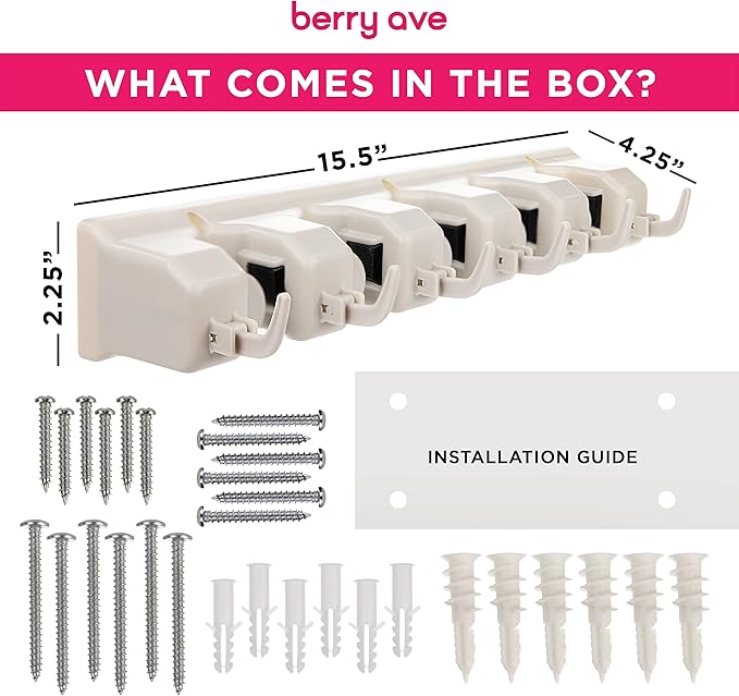 Broom Holder Wall Mount and Garden Tool Organizer, Closet Storage, Kitchen Rack, Home Organization and Garage Organizer for Rake or Mop Handles Up to 1.25-Inches, Hanger Plus 6 Hooks (BEIGE, 1 PACK)