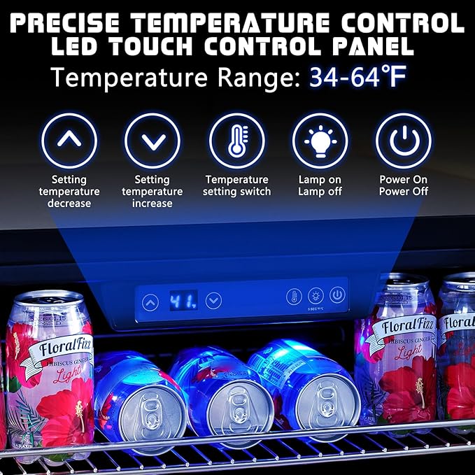 Albott Beverage Refrigerator-24 In fridge with Glass Door, Adjustable Shelves and LED Touch Panel, Under Counter Design for Wine Beer, Built-In or Freestanding Use, 34-64℉