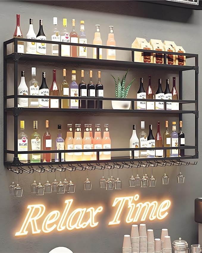 59" Large Wine Rack Wall Mounted with Bottle Glass Holder, 3-Tiers Metal Liquor Floating Shelves with LED Light, Wall Bar Shelf for Home, Restaurant, Commercial Bar, Kitchen Storage Display