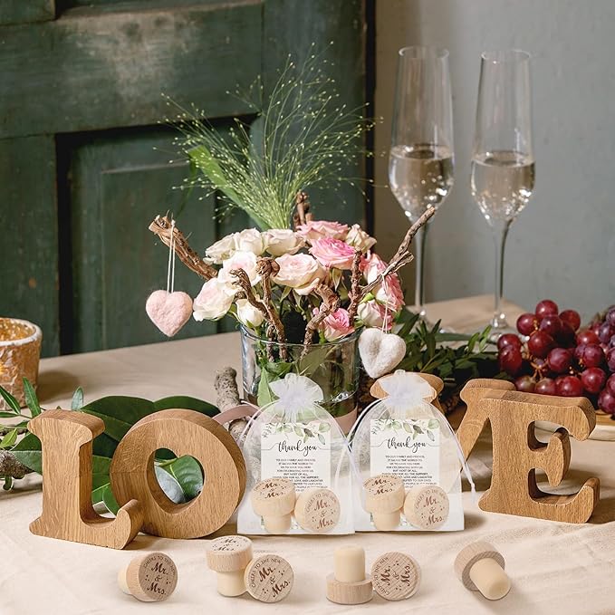 Barydat 50 Sets Wedding Favors for Guests Bulk Engraved Wood Wine Bottle Corks Wine Stopper with Wedding Thank You Cards and Organza Bags Wedding Appreciation Gifts for Guest Thank You Gifts (Classic)