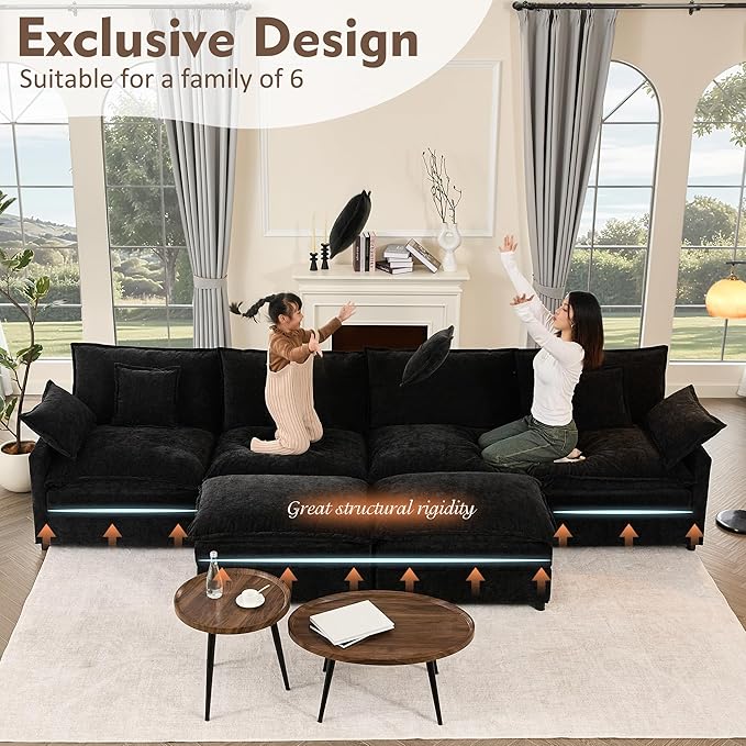 142.5" U Shaped Couch, Modular Sectional Sofa, 3-Seater Comfy Cloud Couch with Movable Ottoman, Deep Seat Couches for Living Room, Chenille, Black