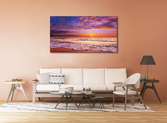 Beach Wall Art Sunset Canvas Pictures, Seascape Theme Art Wall Pictures, Coastal Ocean Wave Paintings,Modern Cloud Artwork for Bedroom Living Room Bathroom Home Office Decorations 20X40 Inches