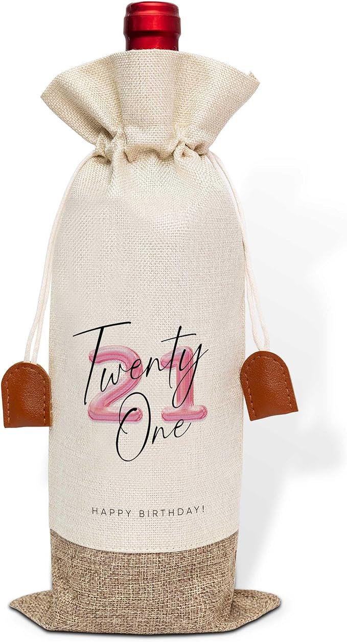 21th Birthday Wine Bag, Cotton Linen Wine Gift Bag With Drawstring, Wine Champagne Bottle Gift Bag, 21st Birthday Gifts Wine Bag for Woman Her Girl Friend Sister, 21th Birthday Party Favors-14