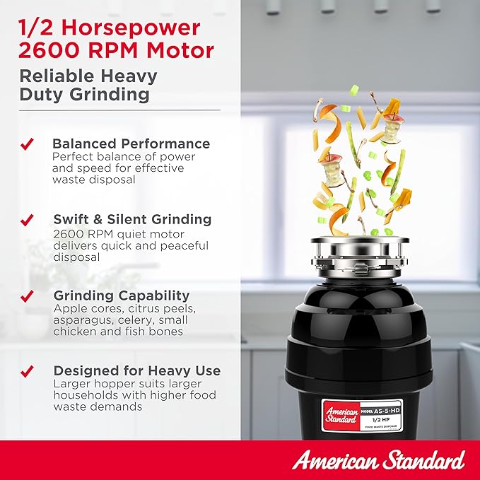 American Standard 10-US-AS-5-HD Garbage Disposal Anti-Jam Stainless Steel Food Waste Grinding System, Heavy Duty, 1/2 HP, Black