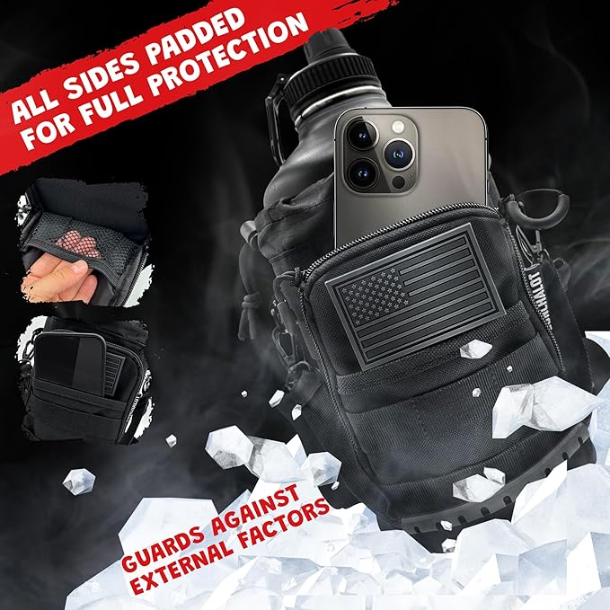 1 Gallon Water Bottle Insulated - 84 Oz Stainless Steel Metal Water Jug with Holder - | Carrying Bag | Spout Handle | Straw Lids | Keep Cold & Hot | - Black Tactical Flask