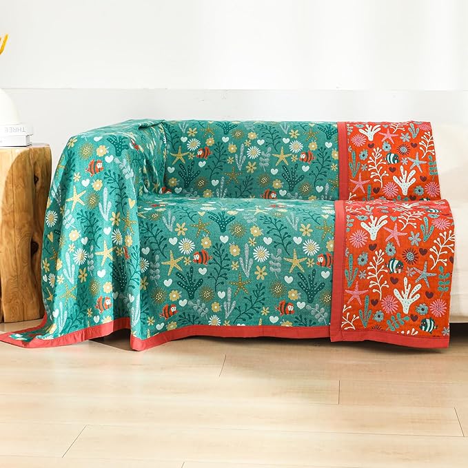 Boho Throw Blanket, 100% Organic Cotton Skin-Friendly Breathable Ultra Soft Bed Quilt Throw - All Season Blue & Red FishFarmhouse Decor Blanket for Sofa Couch Chair and Gift. 60" x 80"