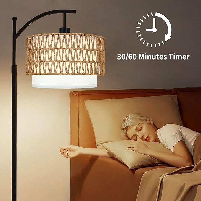 Arc Floor Lamp with Table and Shelves,Rattan Boho Floor Lamp with Remote Control,Rustic Floor Lamps for Bedroom Wicker Standing Lamp with 3 Color Temperature Tall Lamp for Living Room Corner