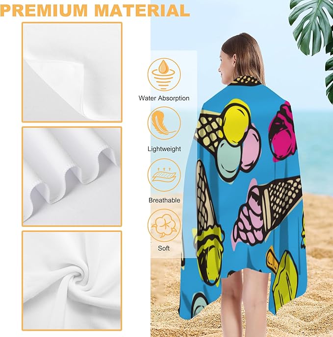 Beach Towel, Vintage Ice Cream Doodle Beach Towel Oversized Sand Proof Absorbent, Quick-Dry Bath Pool Swim Towel for Shower Spa Vacation, 29.5” X 59”